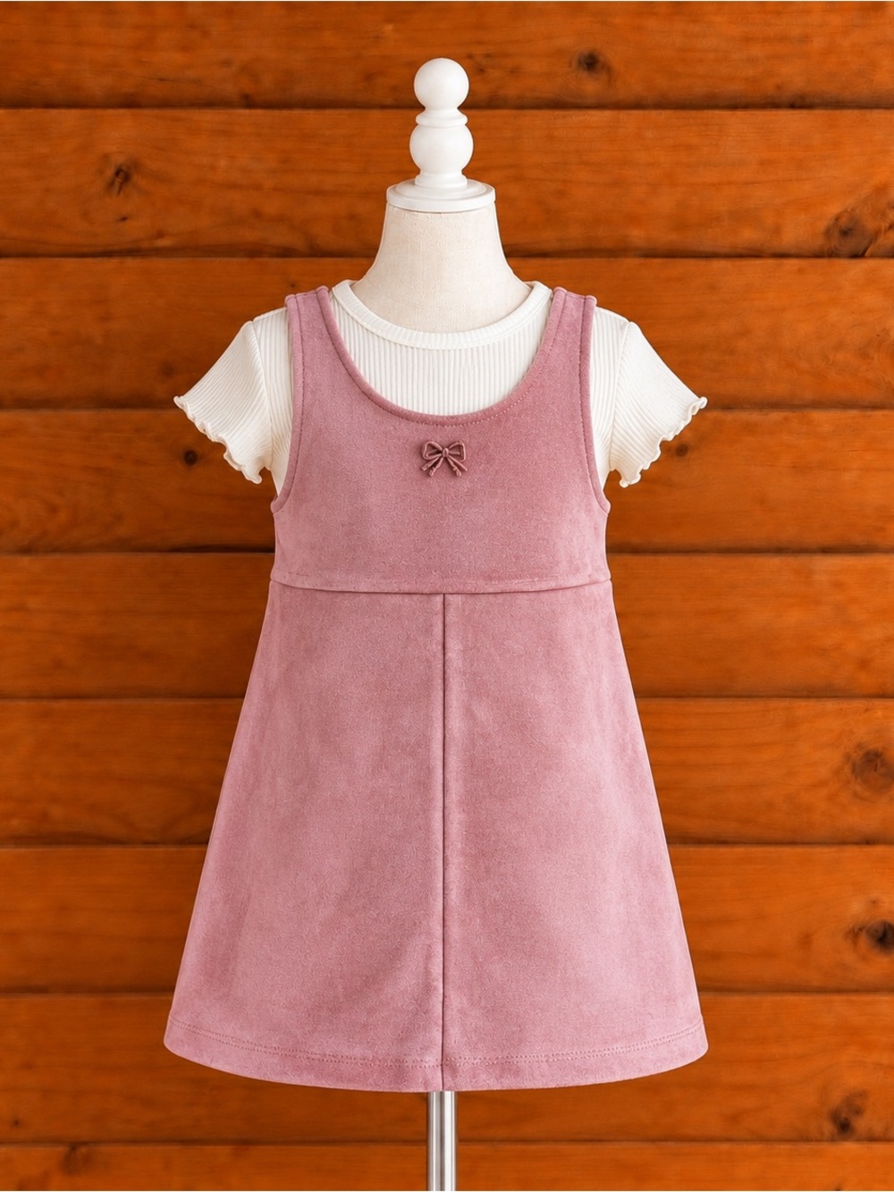 btween Girls' pink Faux Suede Pinafore Dress w/ ribbed top & Kids Accessories 4T